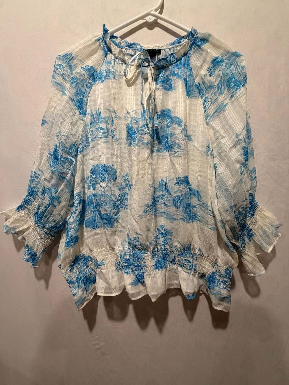 Ann Taylor Blue and White Toile Print Top with Smocked Details, Size XL
